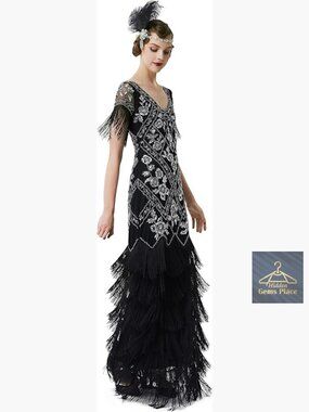 Women's Sequin Beaded Maxi Dress 1920s Flapper Evening Gown Formal